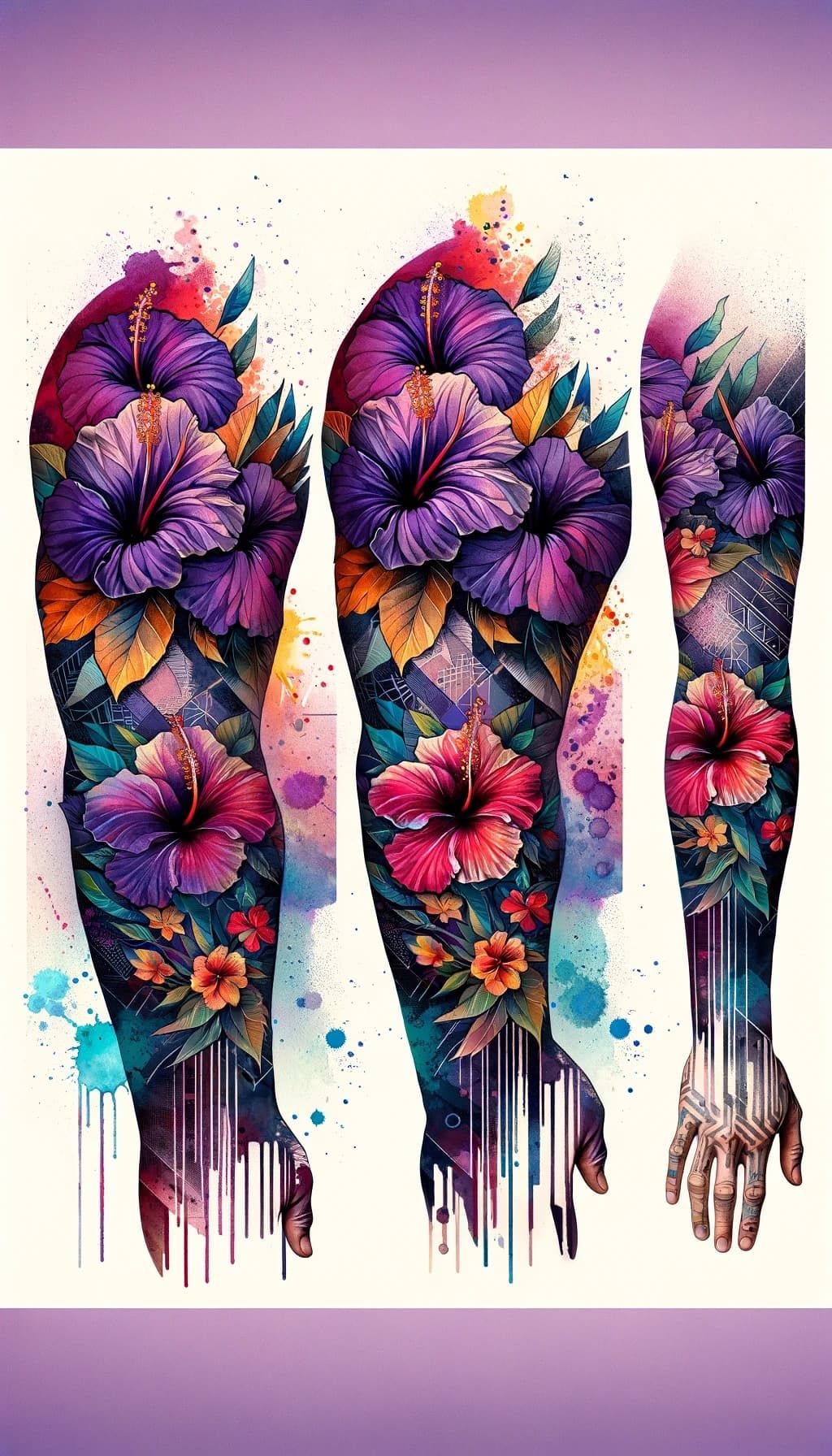 Purple hibiscus sleeve flash concept — Waikīkī tattoo artist