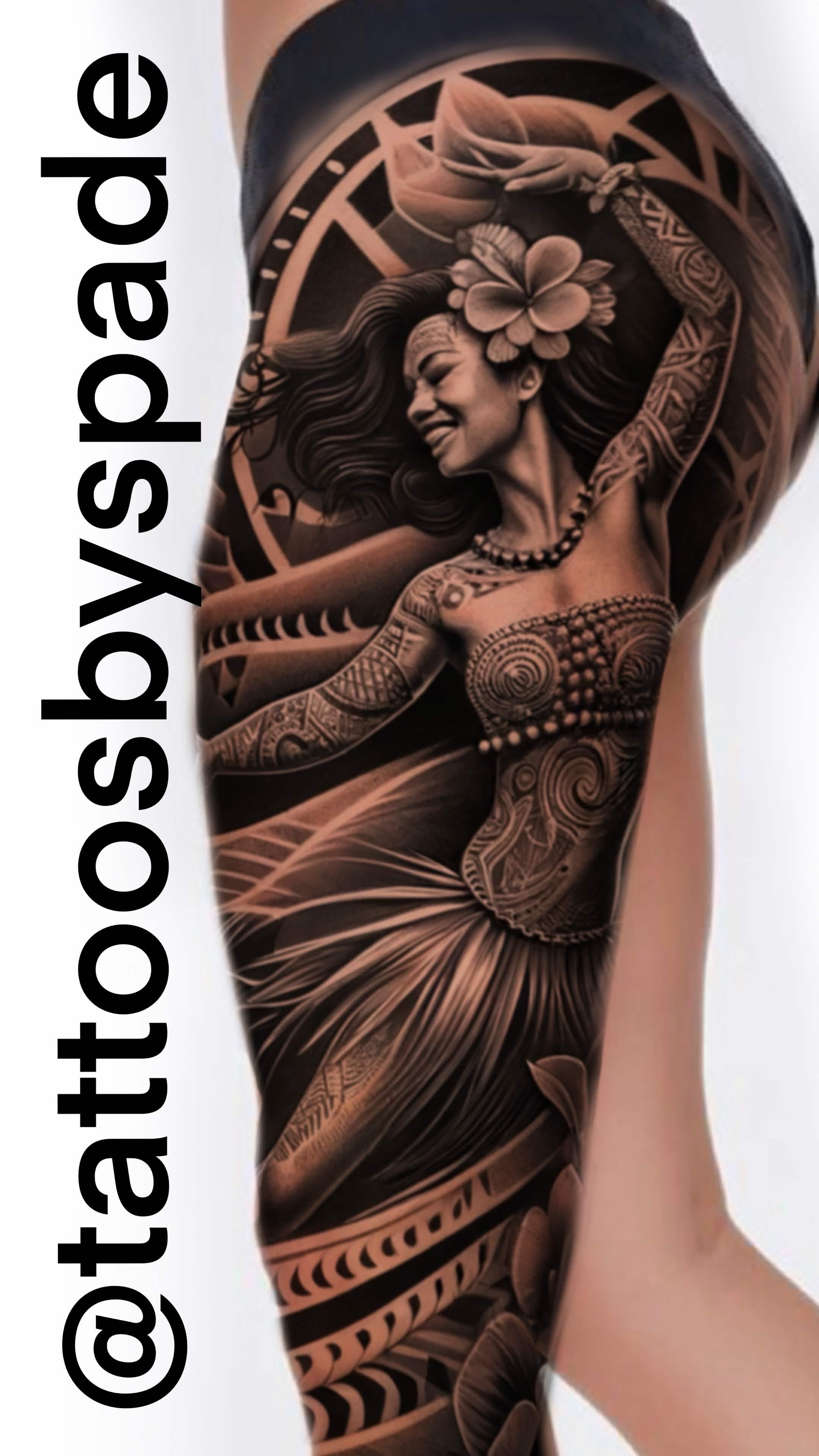 Hula dancer Polynesian thigh piece flash — Honolulu tattoo