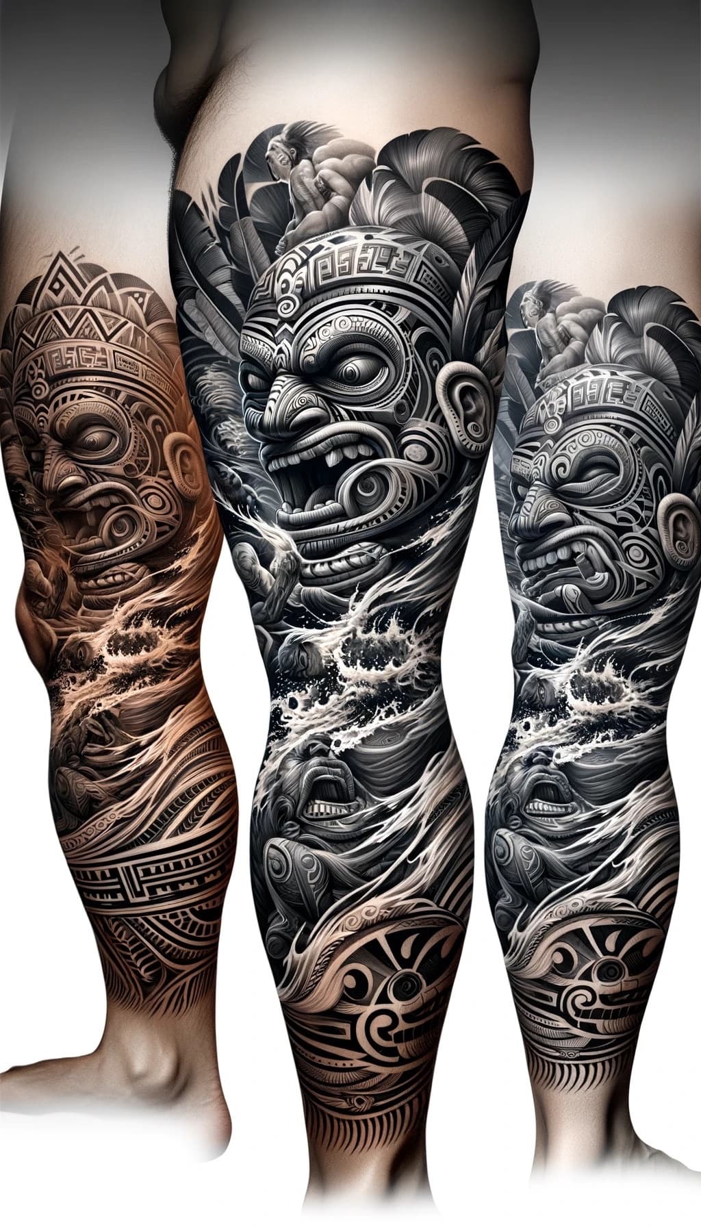 Polynesian Tiki leg sleeve flash — Honolulu tattoo