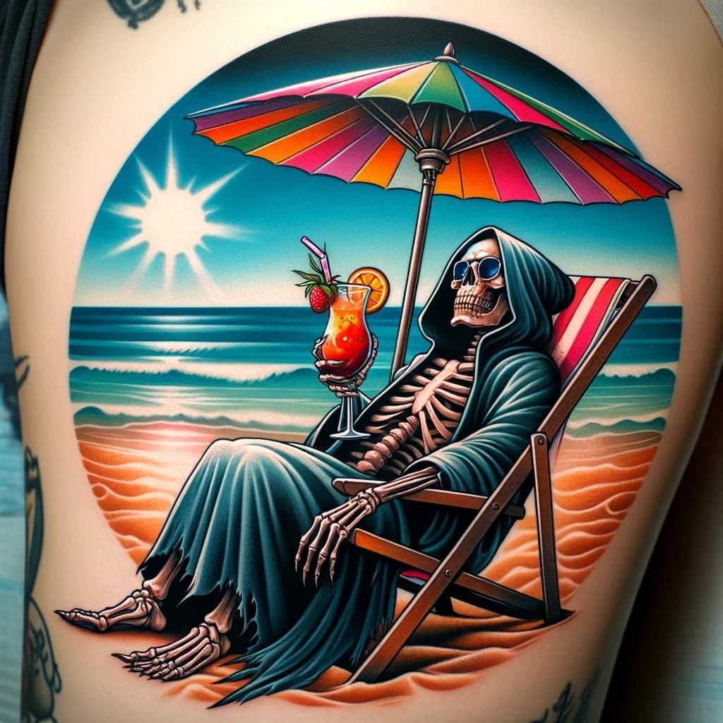 Skeleton beach scene thigh flash — Honolulu tattoo artist