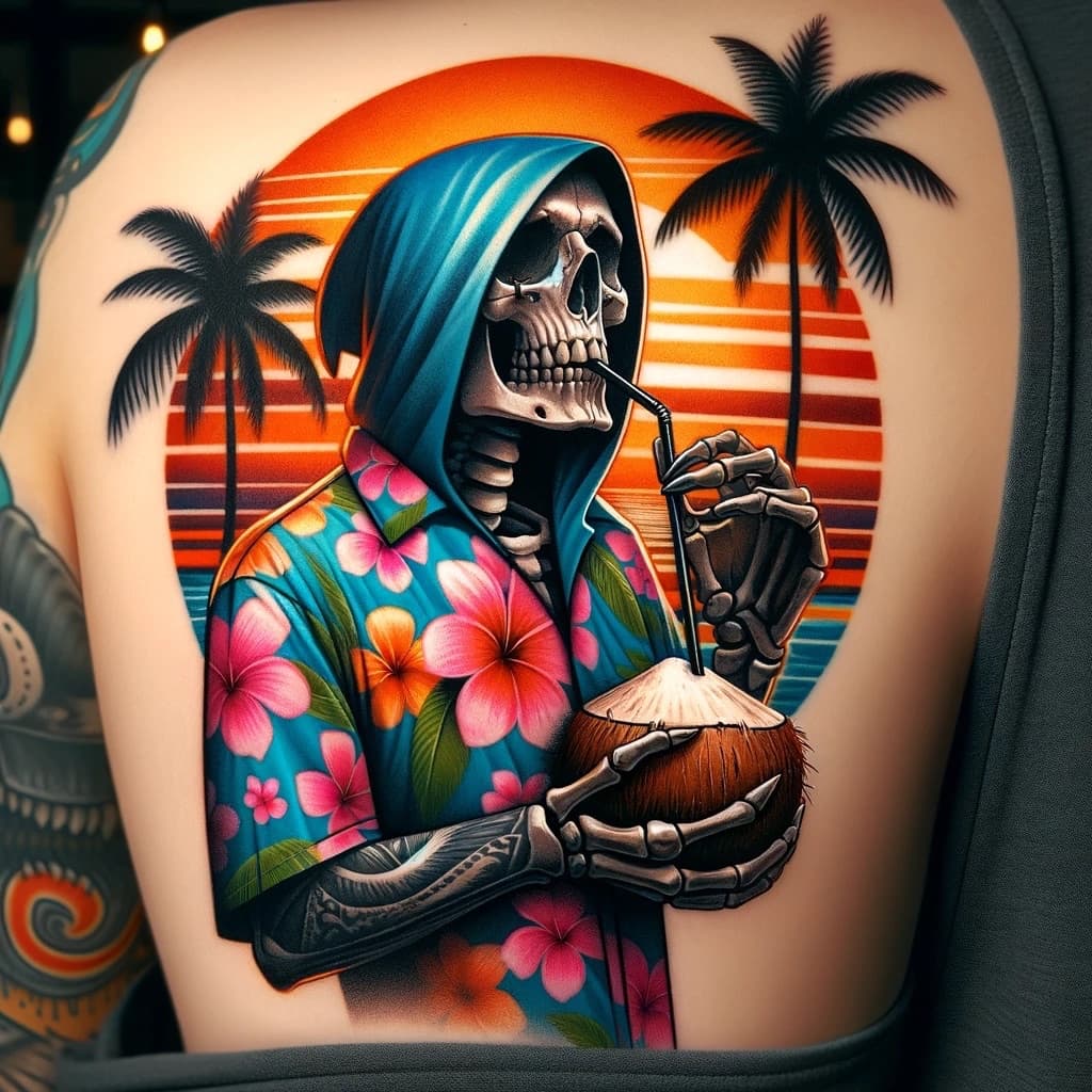 Hawaiian skeleton hooded figure shoulder flash — Waikīkī