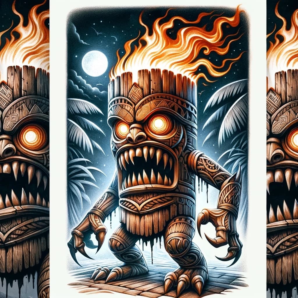Tiki monster fire color flash — Honolulu tattoo