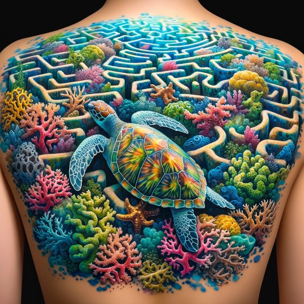 Sea turtle coral reef back piece flash — Waikīkī tattoo