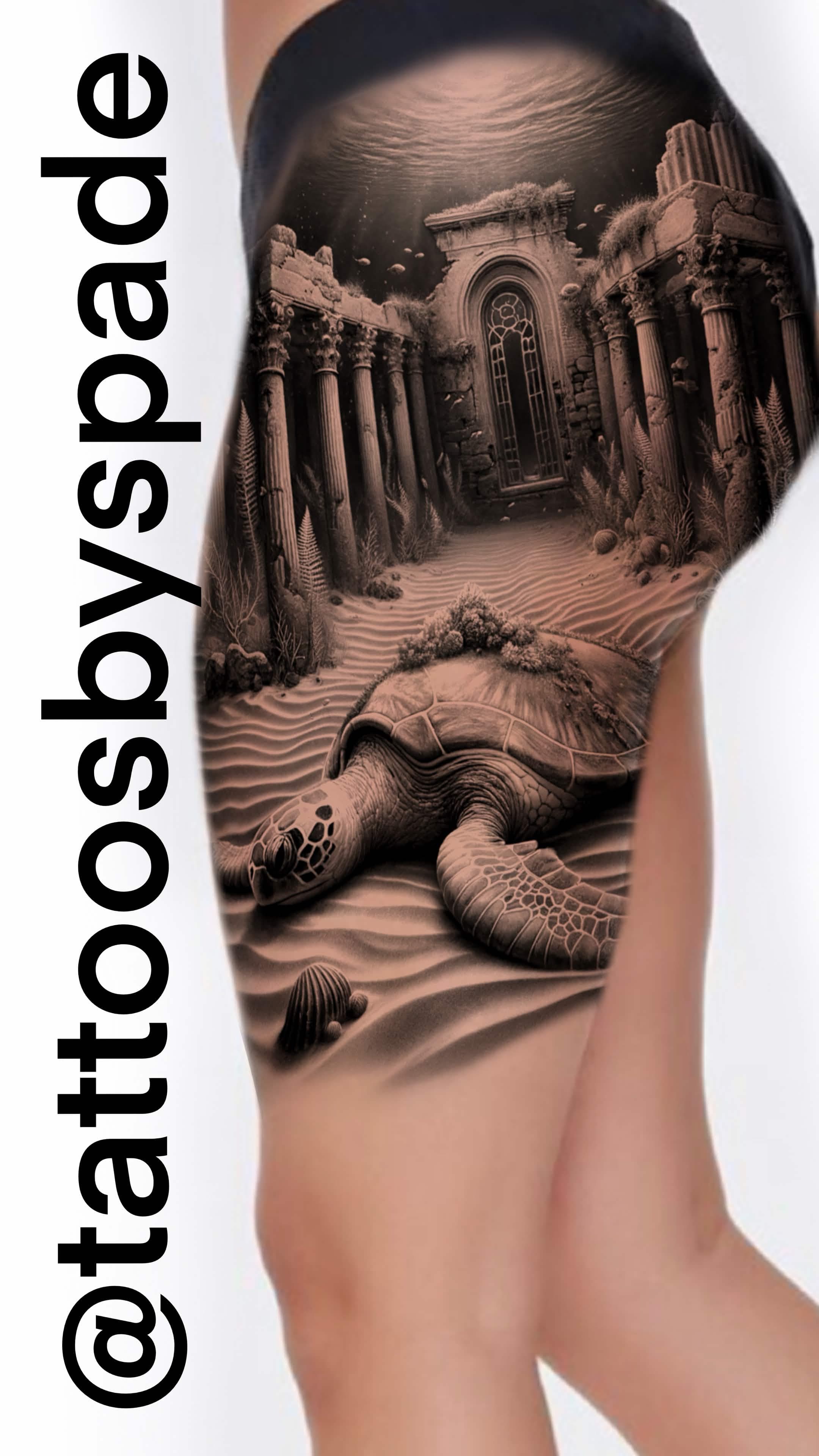 Sea turtle underwater ruins thigh flash — Waikīkī tattoo