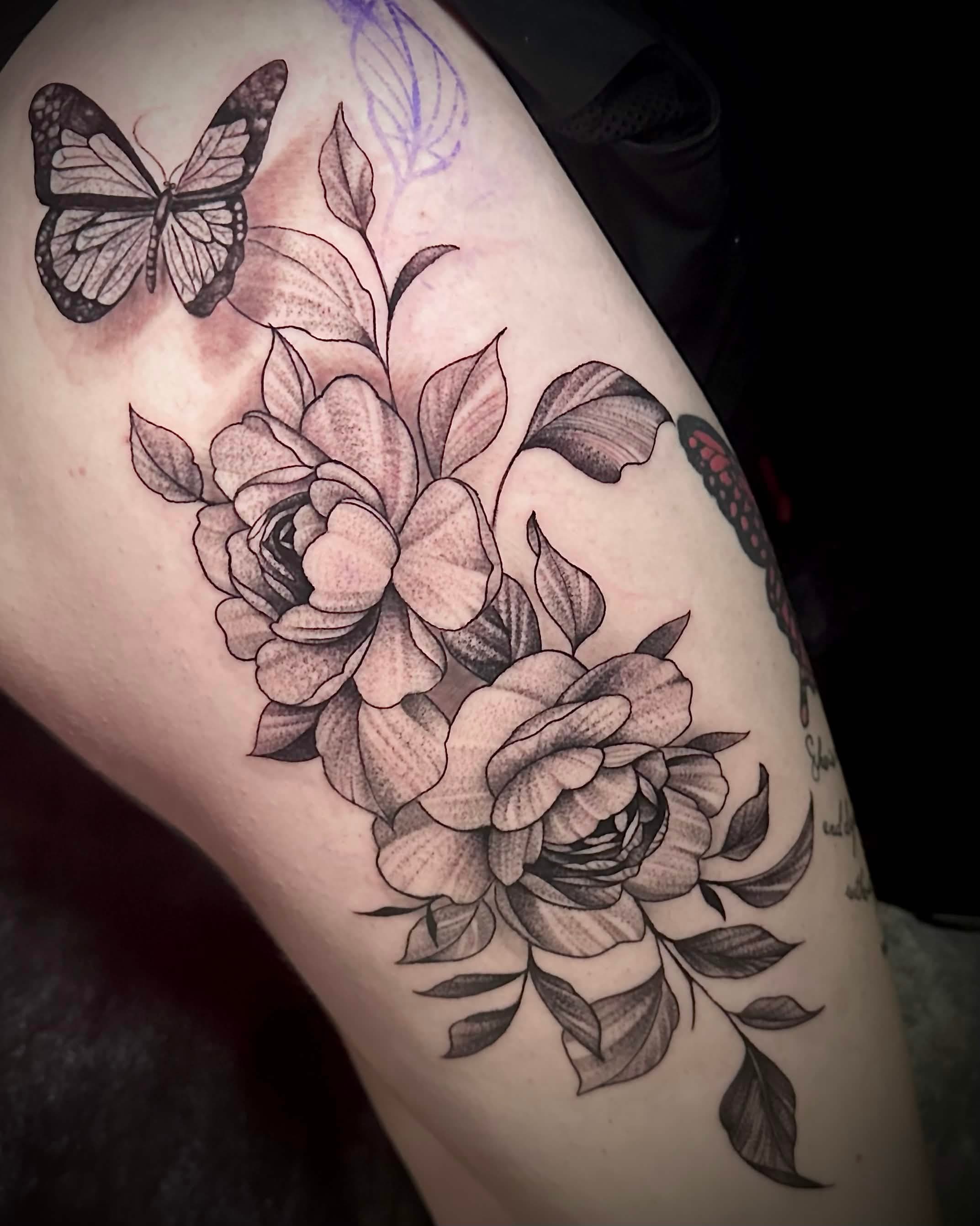 Butterfly with roses — Black & Grey stipple thigh tattoo by Spade, Waikīkī
