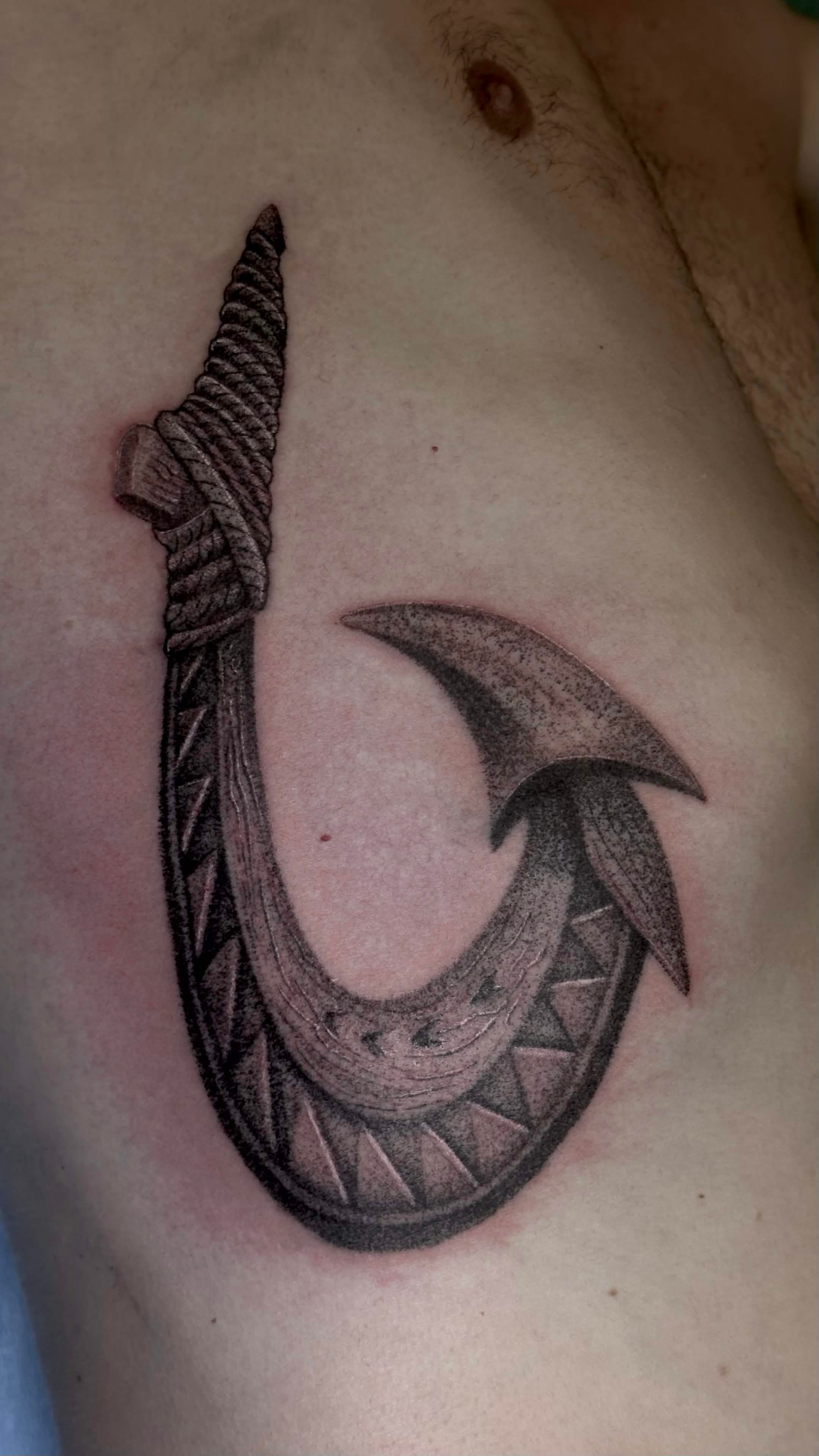 Hawaiian Makau fish hook — Black & Grey realism tattoo by Spade, Waikīkī