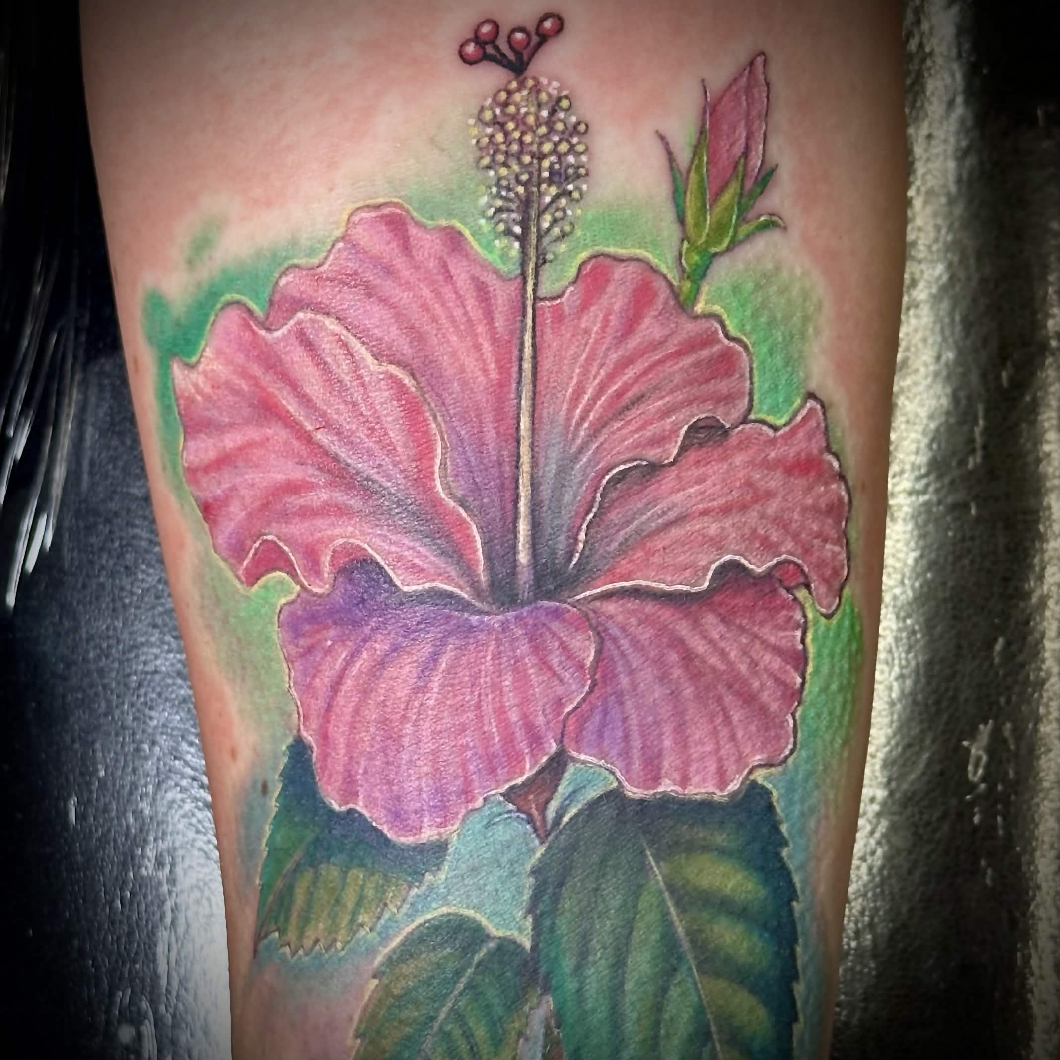 Pink hibiscus — Full Color Realism tattoo by Spade, Honolulu Hawaii