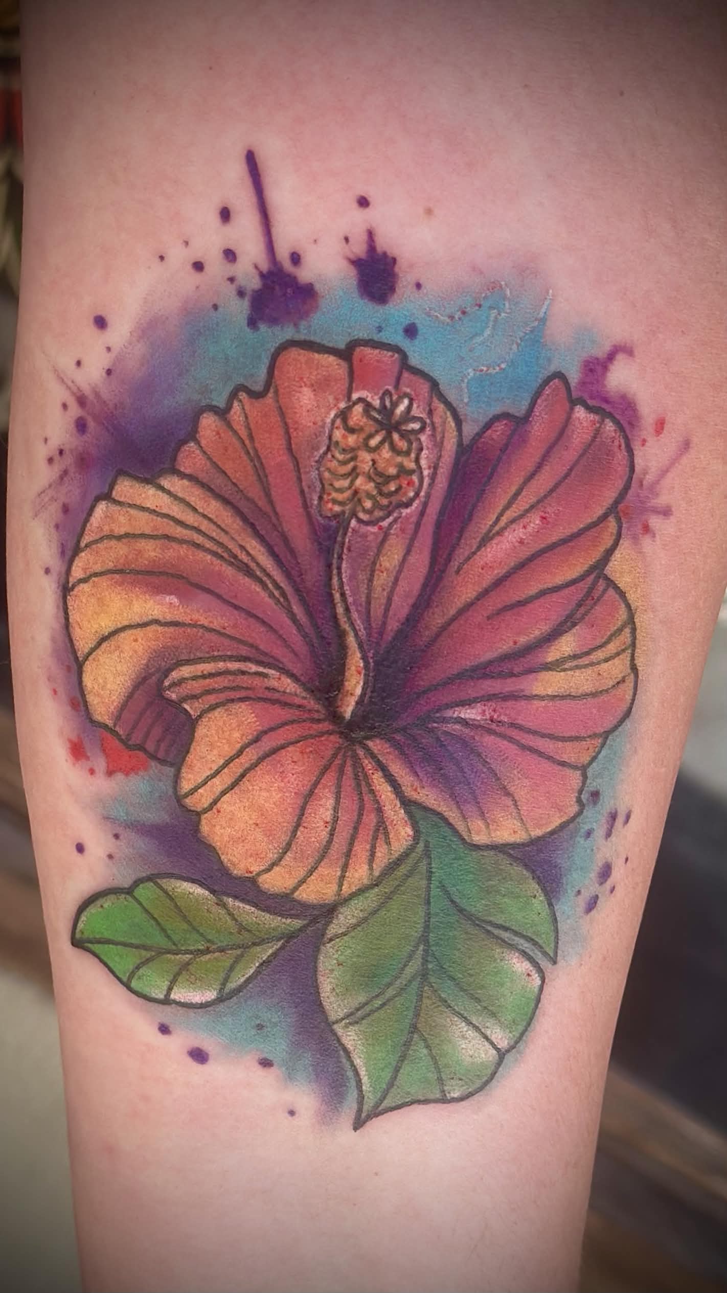 Hibiscus watercolor style — Color tattoo by Spade, Waikīkī Hawaii