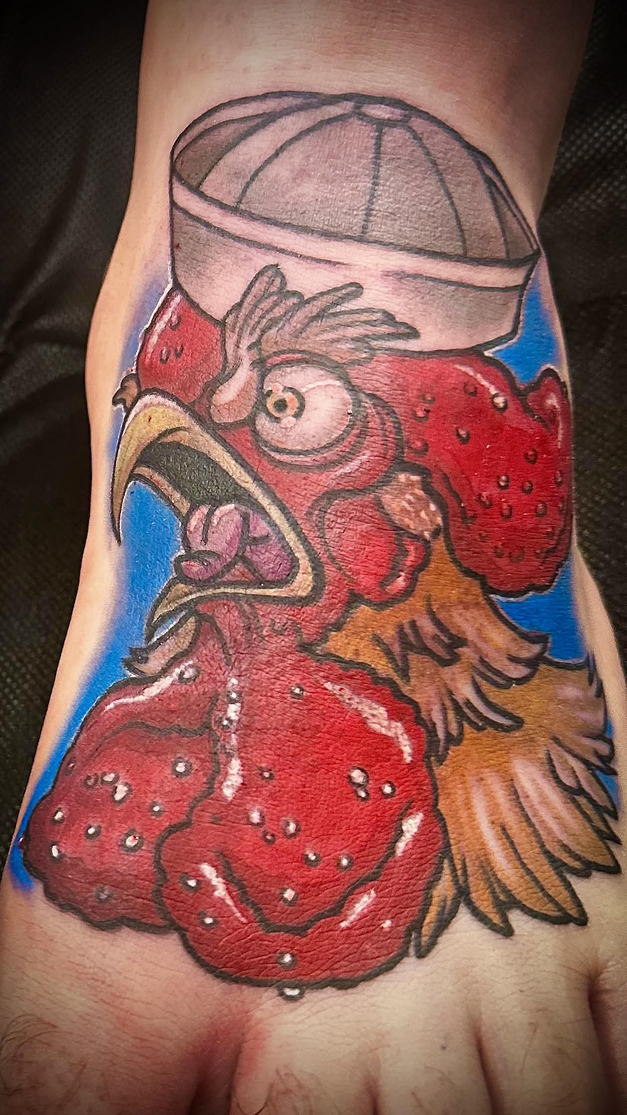 Rooster sailor cartoon foot tattoo — Color by Spade, Honolulu