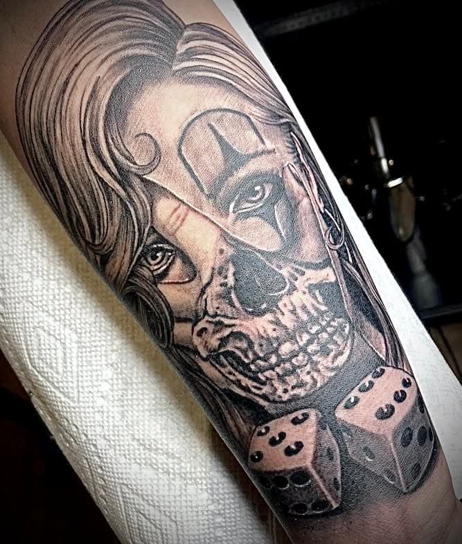 Skull woman with dice — Black & Grey surreal tattoo by Spade, Waikīkī