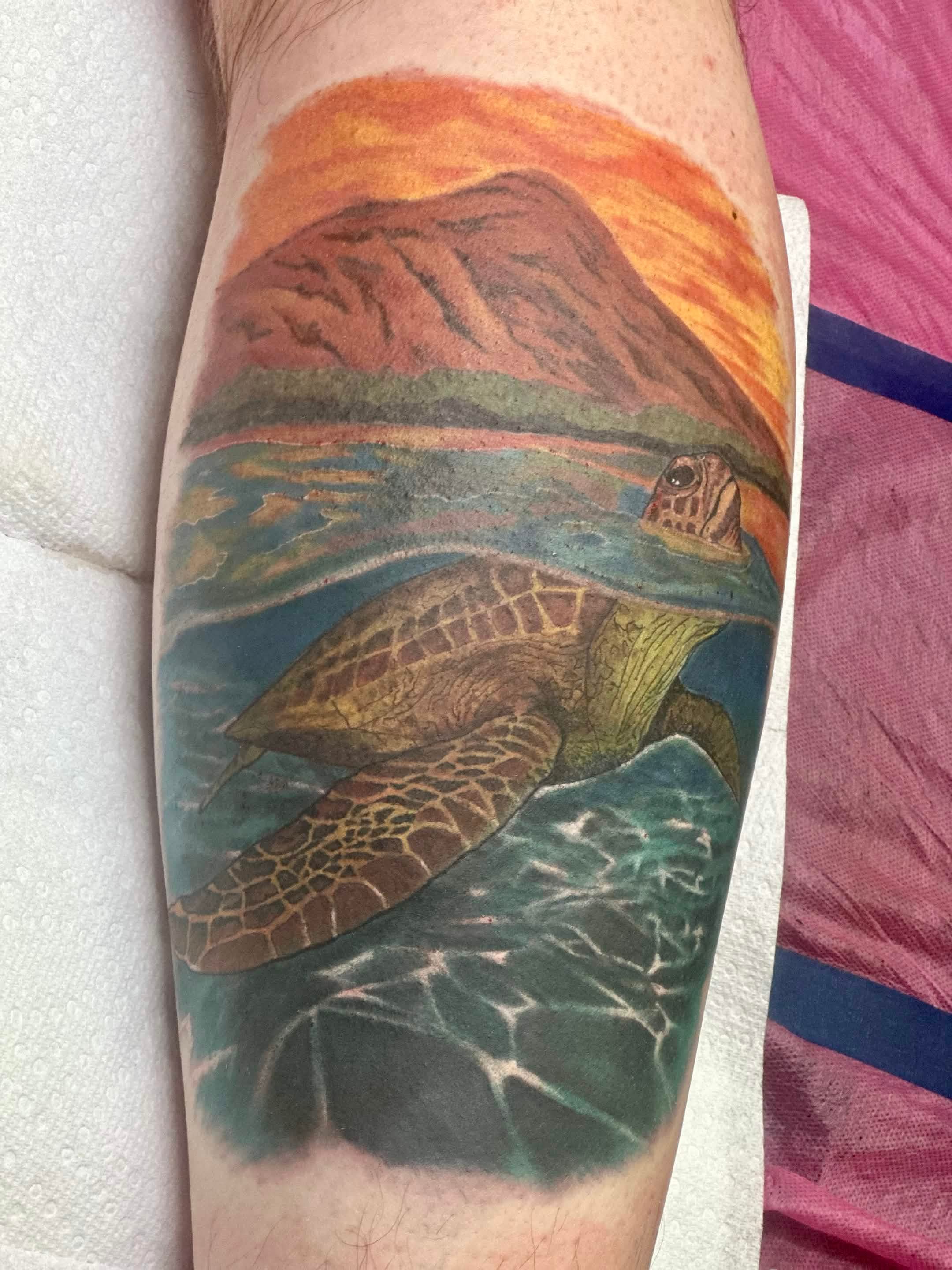 Hawaiian sea turtle with Diamond Head sunset — Full Color Realism tattoo, Honolulu