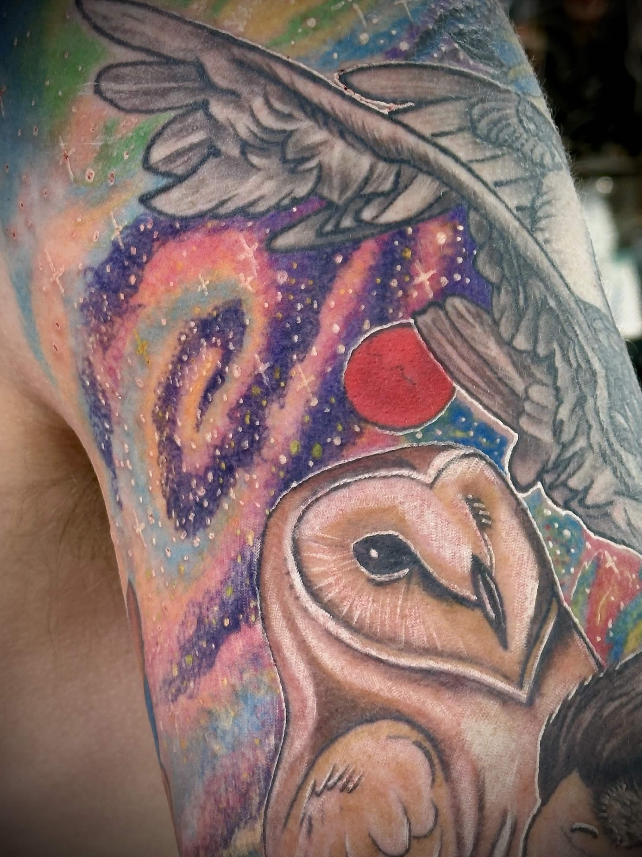 Cosmic owl tattoo by Spade — illustrative and surrealist style
