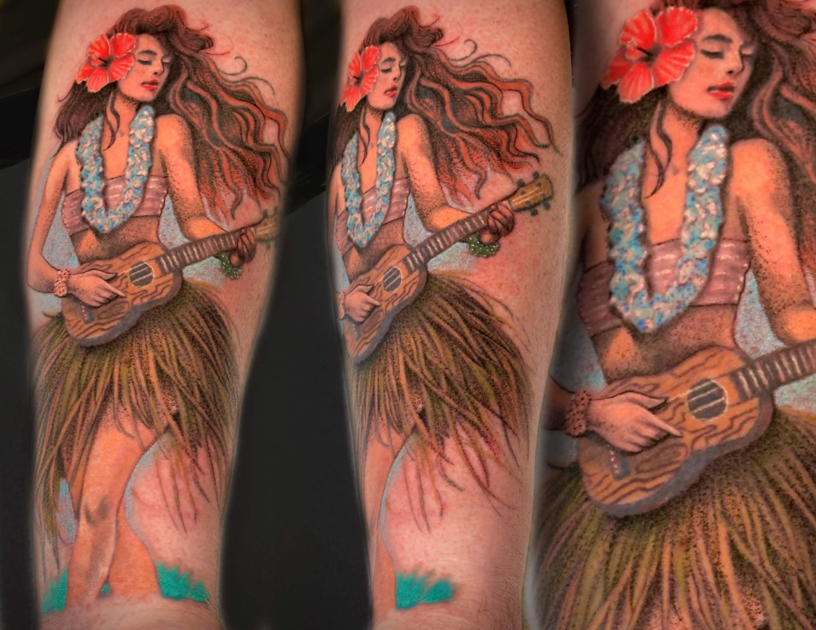 Hula girl color realism tattoo — fine art prepared and executed in Waikiki