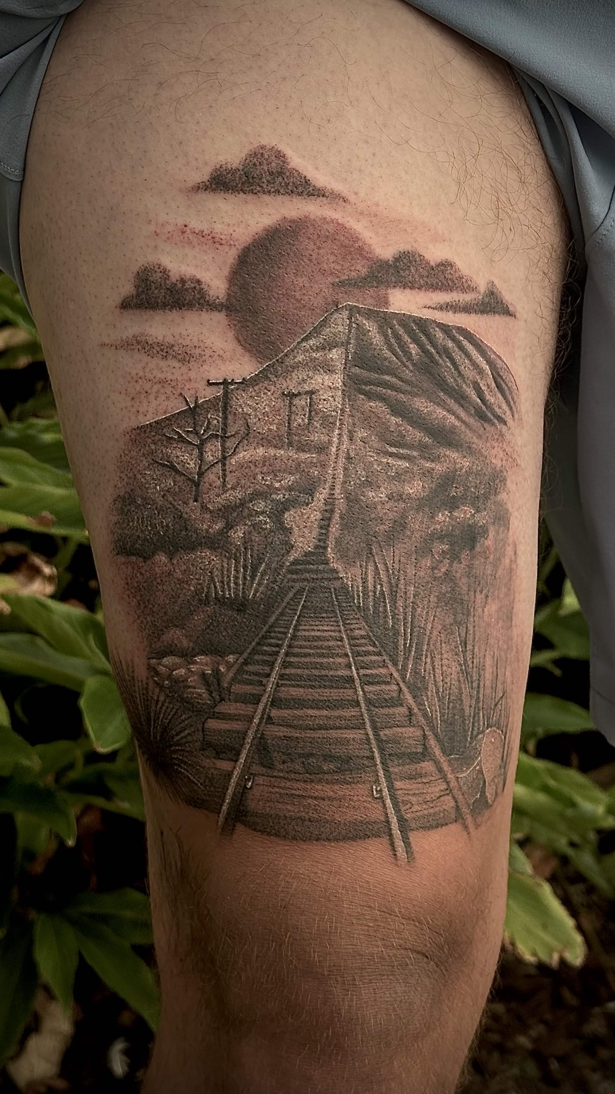 Railroad mountain black and grey realism — large-scale work by Spade