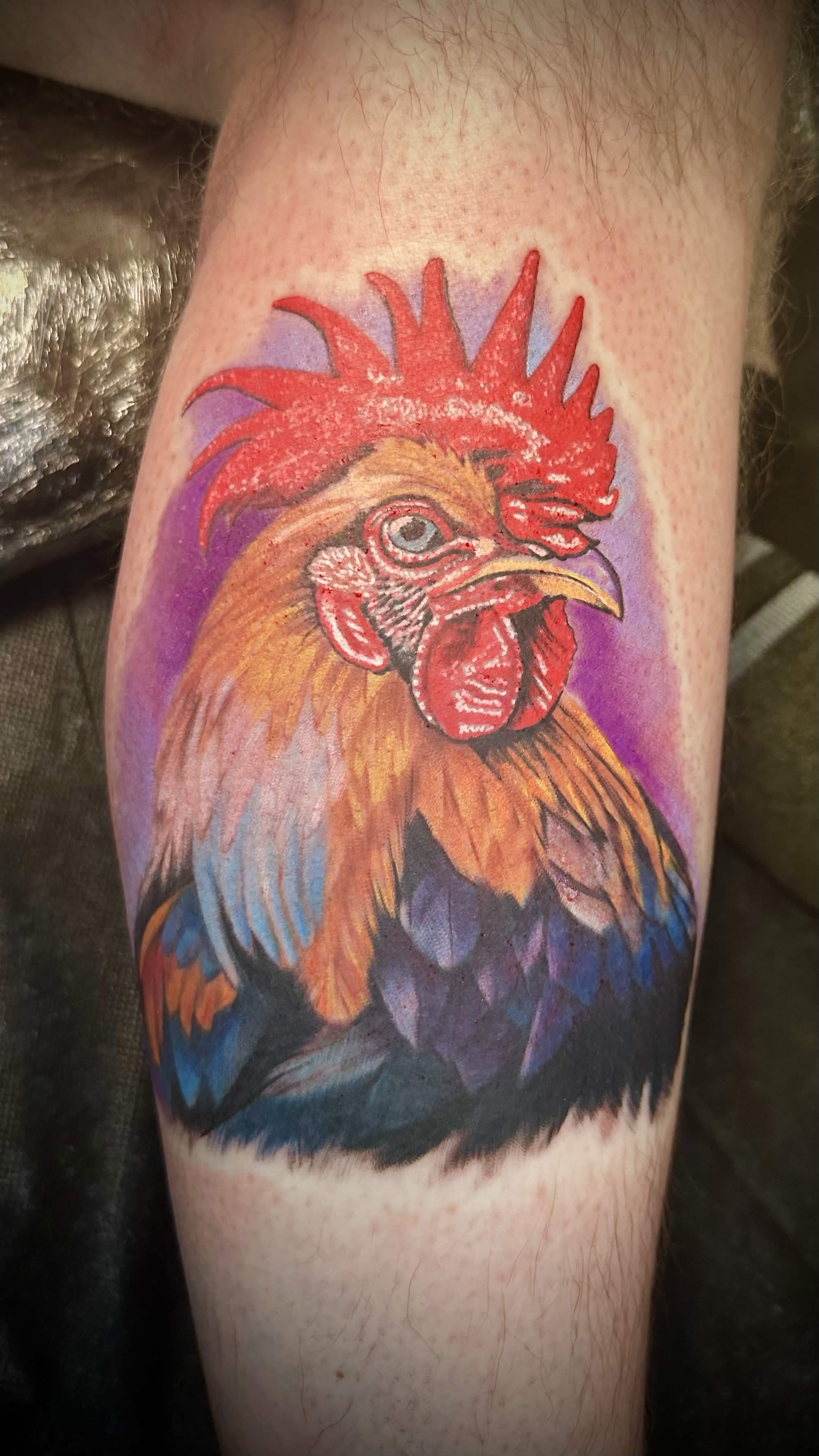 Rooster leg tattoo by Spade — portfolio quality detail
